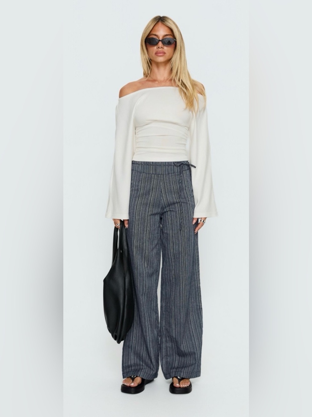 Princess Polly Wide Leg Pinstripe Trousers - Navy Blue